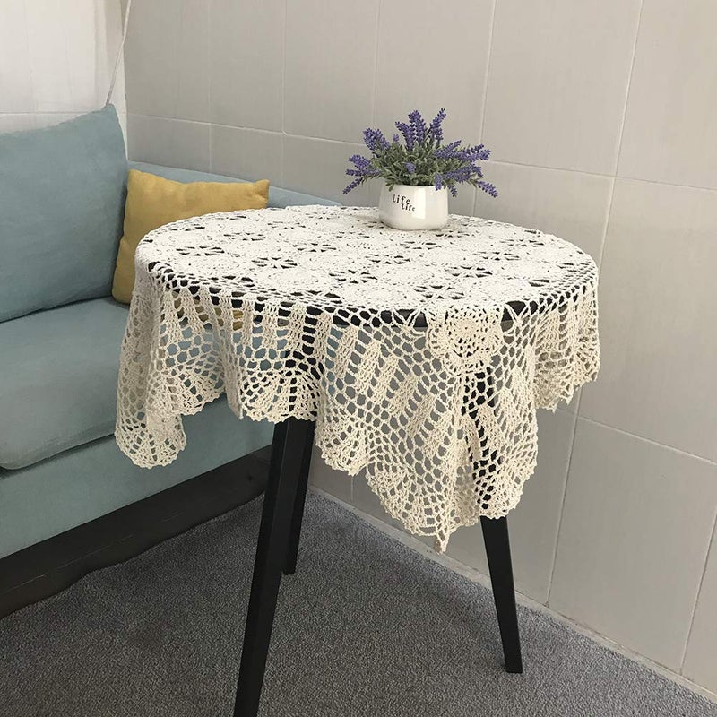 Hetao 100% Cotton Handmade Crochet Square Tablecloth Doilies Lace Table Covers ,Beige, 31 Inch - Image 2